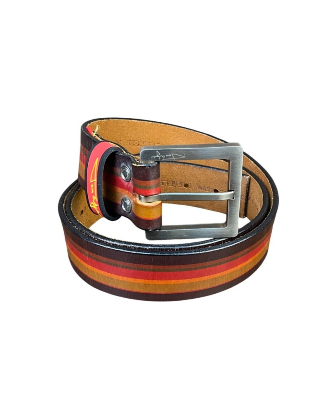 Jon Wye Mens Red & Brown Leather Belt Striped Adjustable Design Made In USA